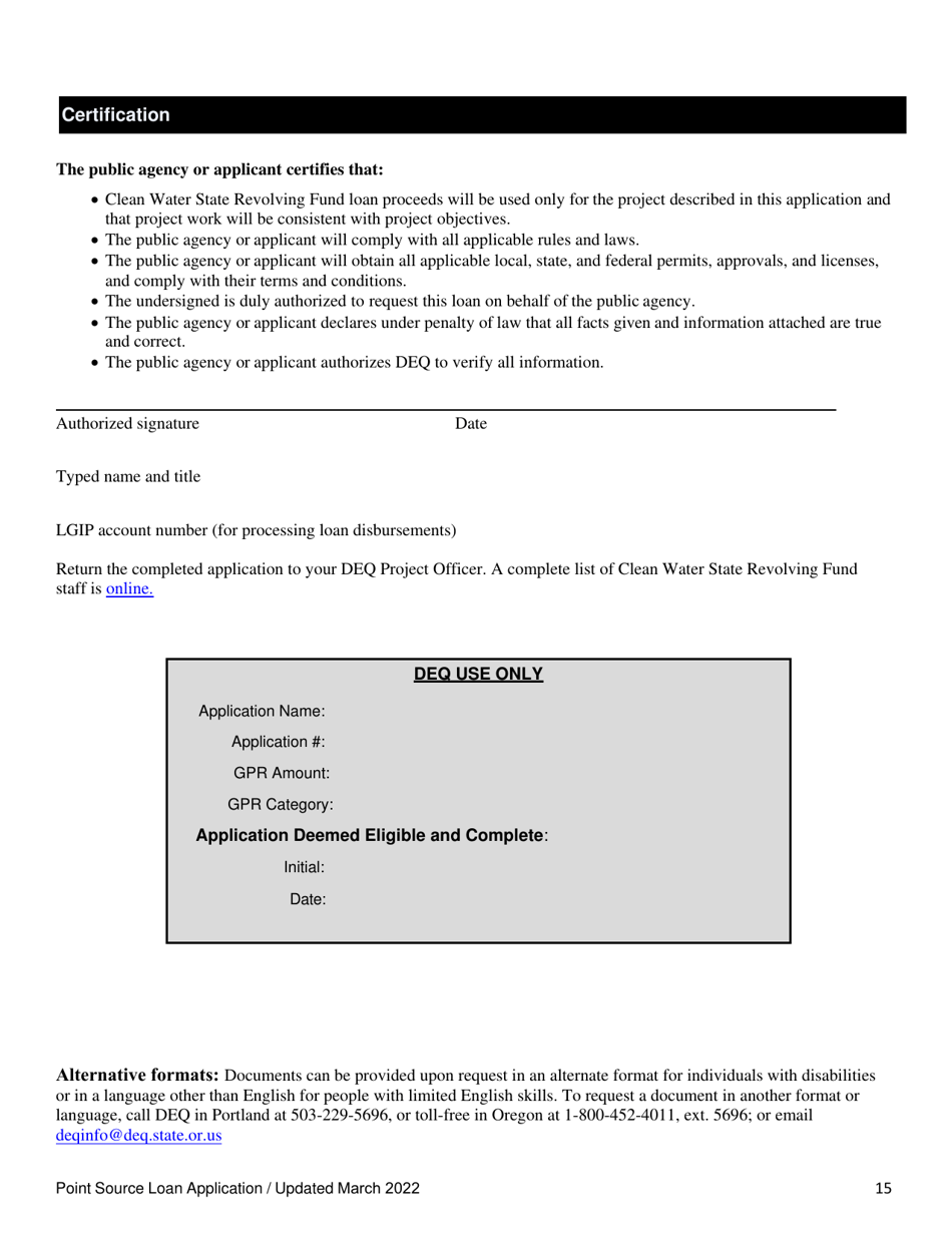 Point Source Project Loan Application (Design and Construction Projects) - Oregon, Page 15