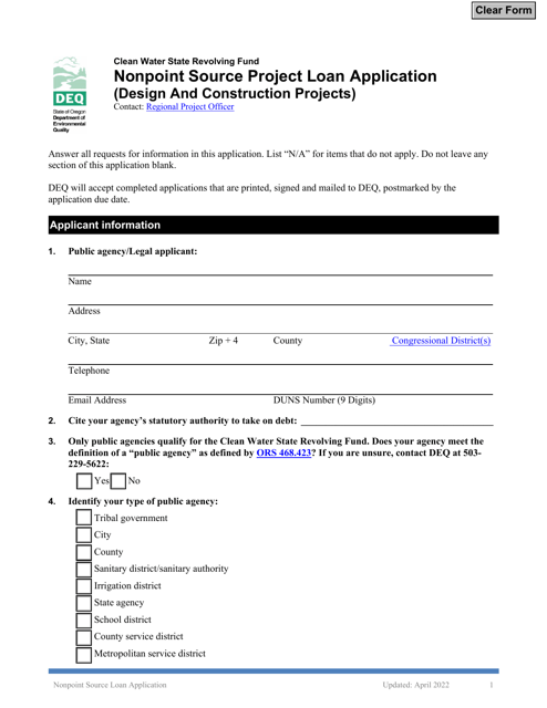 &quot;Nonpoint Source Project Loan Application (Design and Construction Projects)&quot; - Oregon Download Pdf