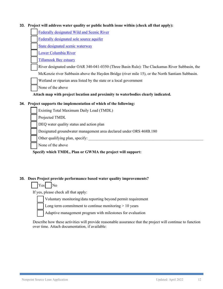 Nonpoint Source Project Loan Application (Design and Construction Projects) - Oregon, Page 12