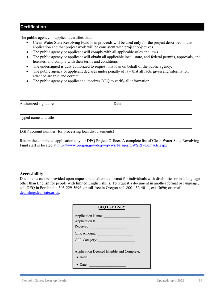 Nonpoint Source Project Loan Application (Design and Construction Projects) - Oregon, Page 16