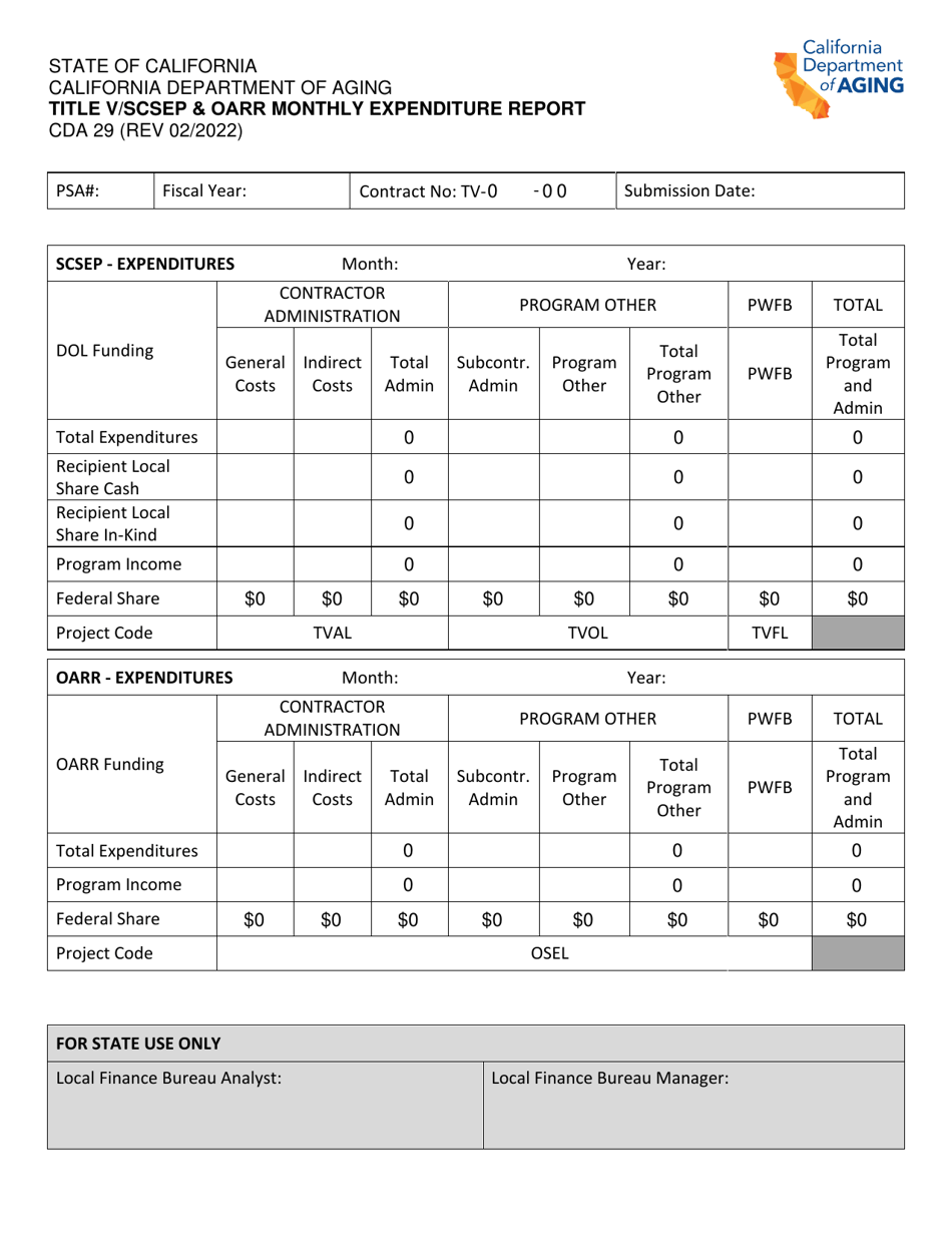 Form CDA29 Title V / Scsep  Oarr Monthly Expenditure Report - California, Page 1