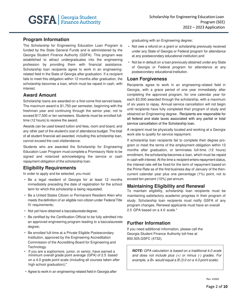 Scholarship for Engineering Education Loan Program (See) Application - Georgia (United States), Page 2