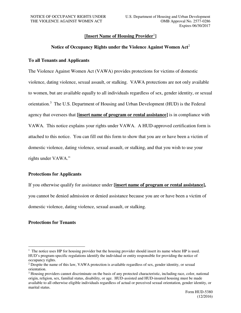 Form HUD-5380 Notice of Occupancy Rights Under the Violence Against Women Act, Page 1
