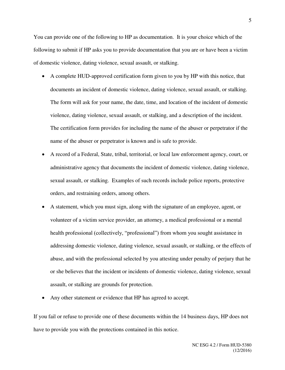 Form HUD-5380 Notice of Occupancy Rights Under the Violence Against Women Act, Page 5