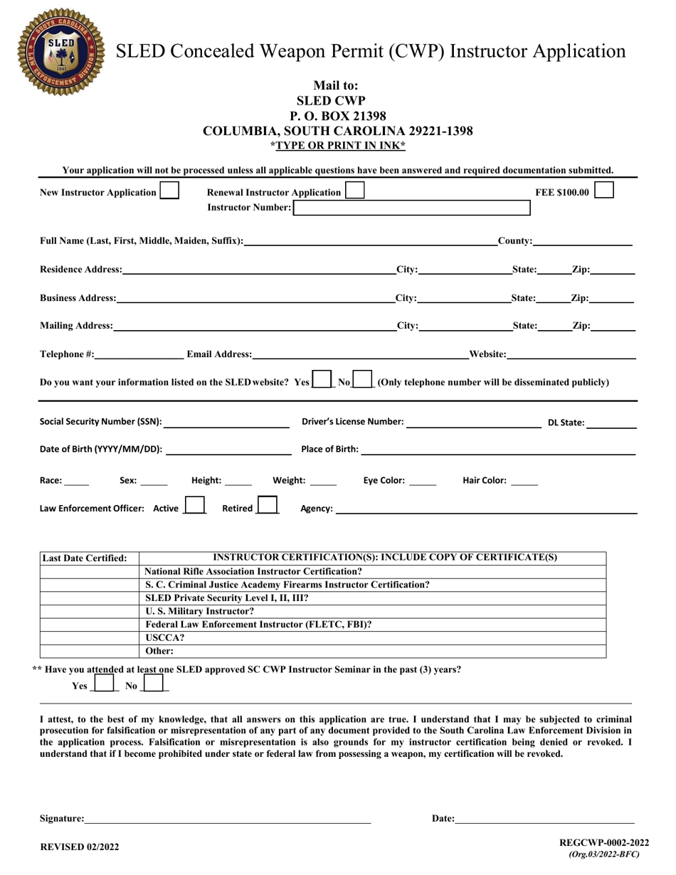 Sled Concealed Weapon Permit (Cwp) Instructor Application - South Carolina, Page 1