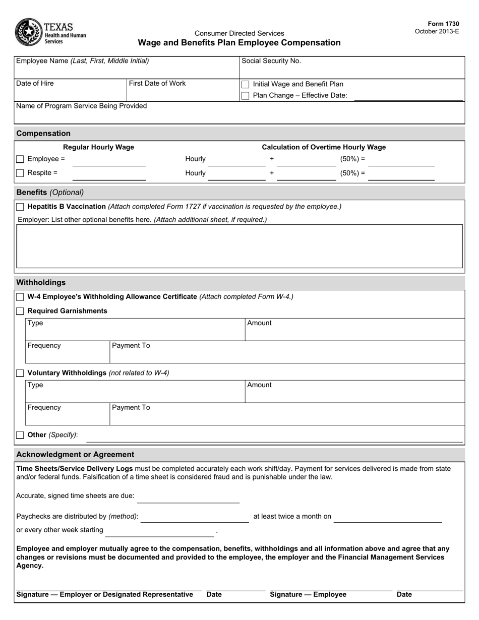 Form 1730 Wage and Benefits Plan Employee Compensation - Texas, Page 1