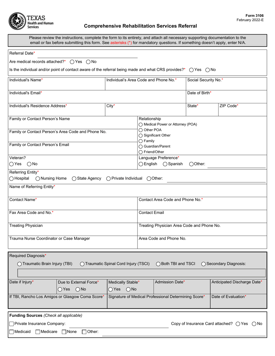 Form 3106 Comprehensive Rehabilitation Services Referral - Texas, Page 1