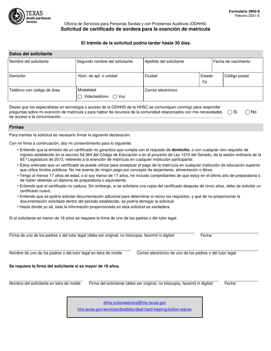 Formulario 3900-S Solicitud De Certificado De Sordera Para La Exencion De Matricula - Texas (Spanish), Page 1