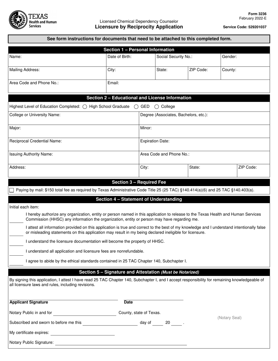 Form 3236 Licensure by Reciprocity Application - Texas, Page 1