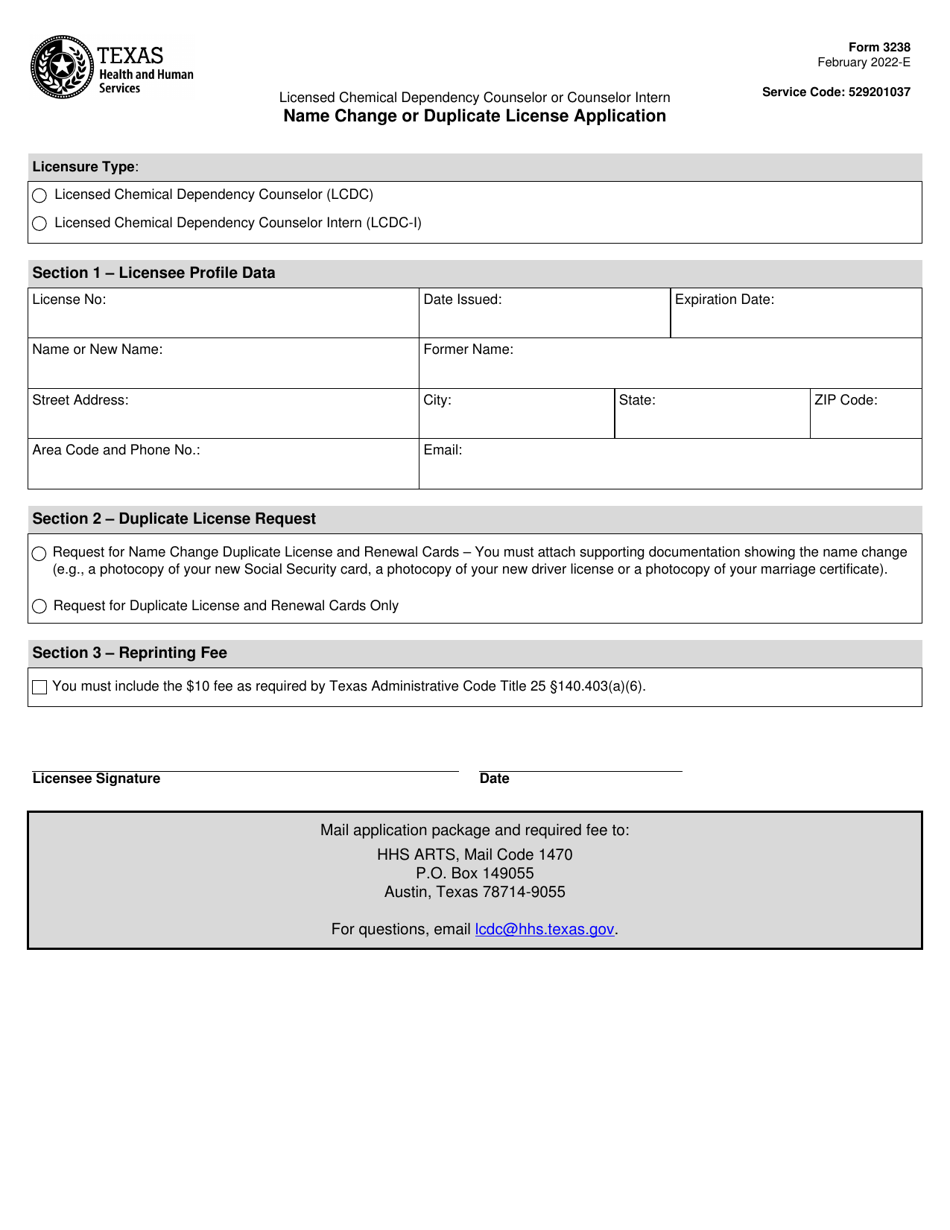 Form 3238 Name Change or Duplicate License Application - Texas, Page 1