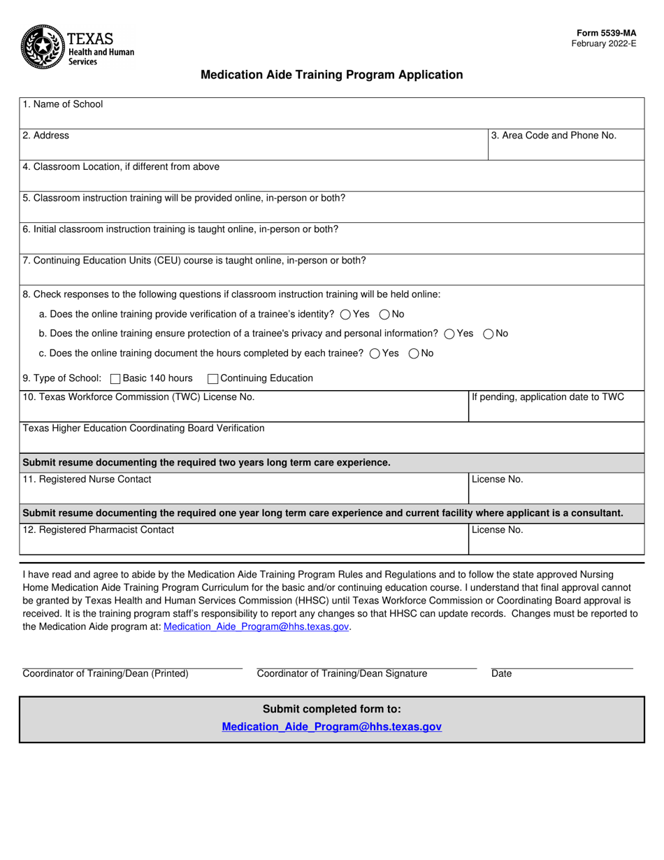 Form 5539-MA Medication Aide Training Program Application - Texas, Page 1