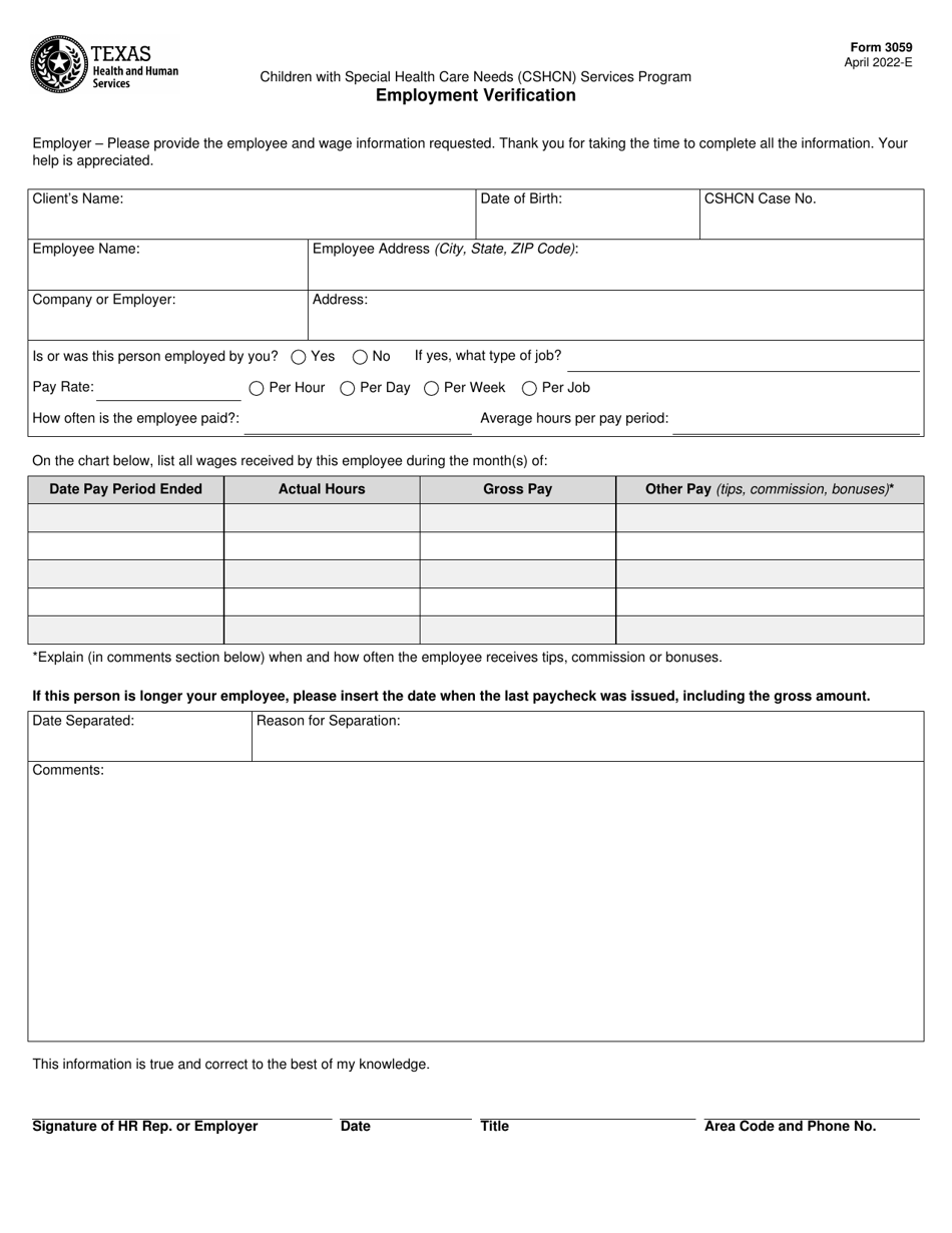 Form 3059 Employment Verification - Children With Special Health Care Needs (Cshcn) Services Program - Texas, Page 1