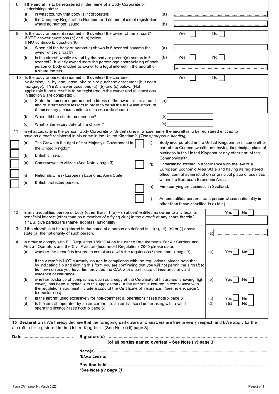 Form CA1 Application for Registration of Aircraft or Change of Ownership - United Kingdom, Page 2