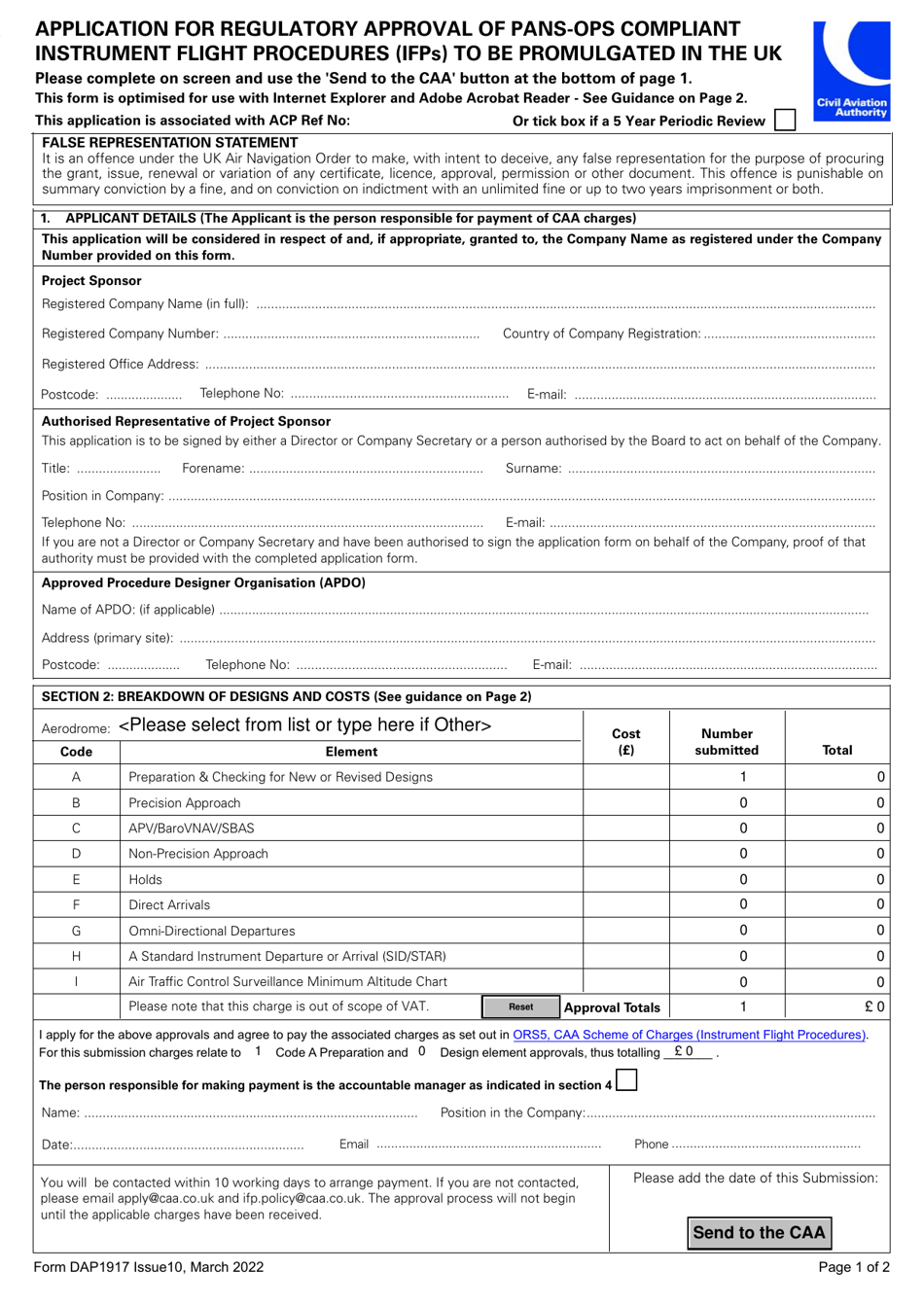 Form DAP1917 Application for Regulatory Approval of Pans-Ops Compliant Instrument Flight Procedures (Ifps) to Be Promulgated in the Uk - United Kingdom, Page 1