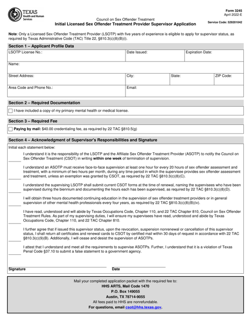 Form 3245 Initial Licensed Sex Offender Treatment Provider Supervisor Application - Texas