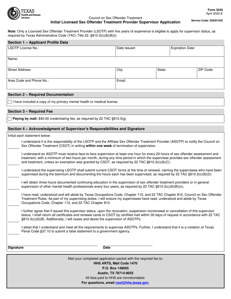 Form 3245 Initial Licensed Sex Offender Treatment Provider Supervisor Application - Texas, Page 1
