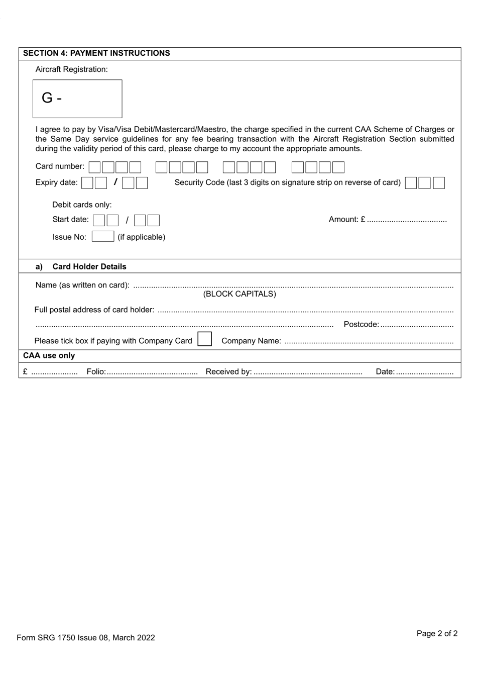 Form SRG1750 Application for Same Day Service - Aircraft Registration - United Kingdom, Page 2
