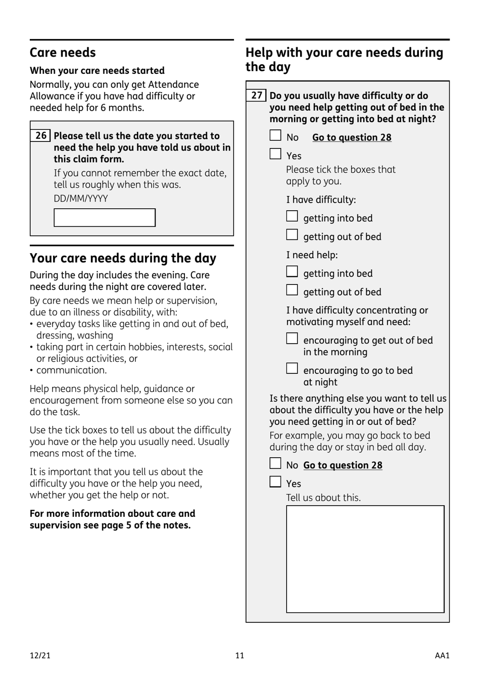 Form AA1 Attendance Allowance for People of State Pension Age or Over - United Kingdom, Page 11