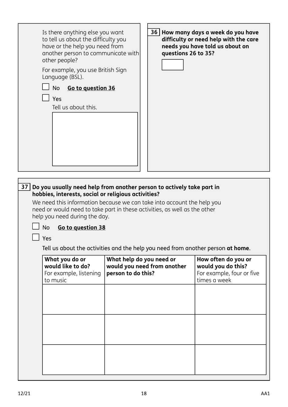 Form AA1 Attendance Allowance for People of State Pension Age or Over - United Kingdom, Page 18