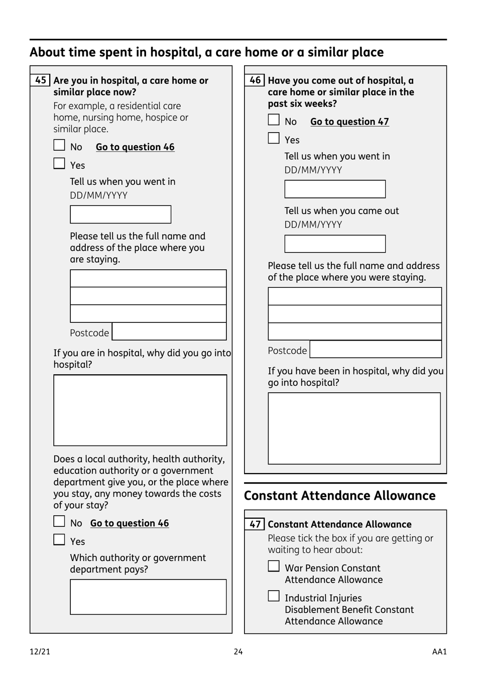 Form AA1 Attendance Allowance for People of State Pension Age or Over - United Kingdom, Page 24