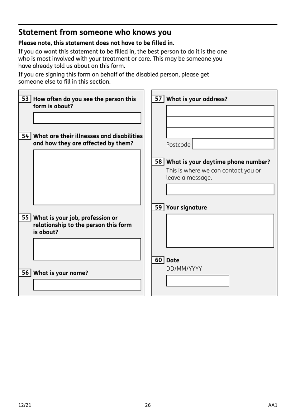 Form AA1 Attendance Allowance for People of State Pension Age or Over - United Kingdom, Page 26