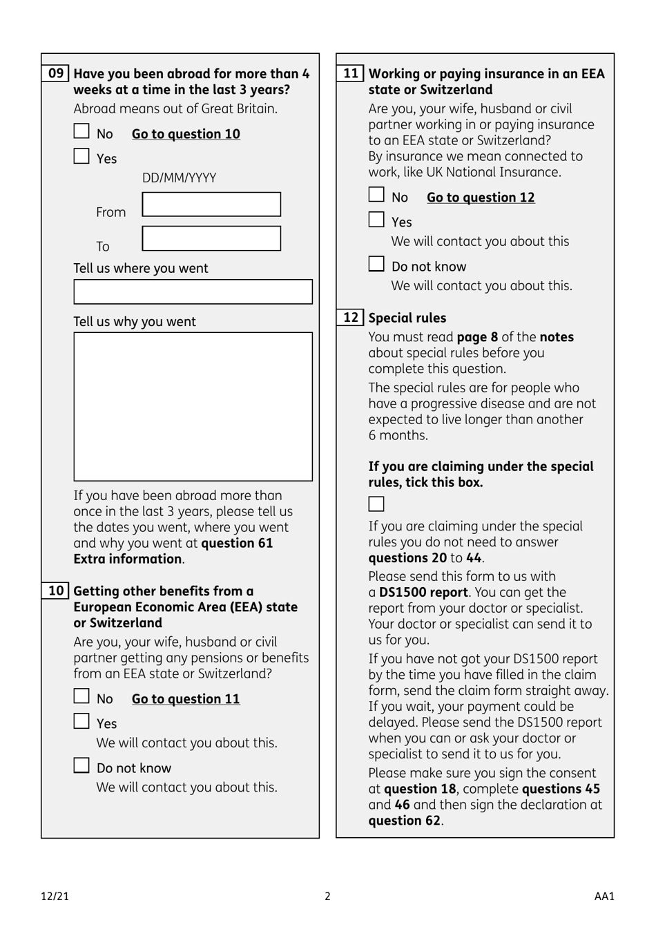 Form AA1 Attendance Allowance for People of State Pension Age or Over - United Kingdom, Page 2