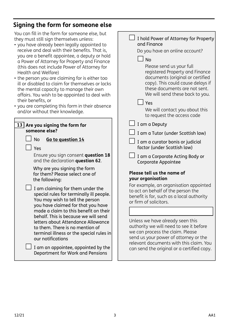 Form AA1 Attendance Allowance for People of State Pension Age or Over - United Kingdom, Page 3