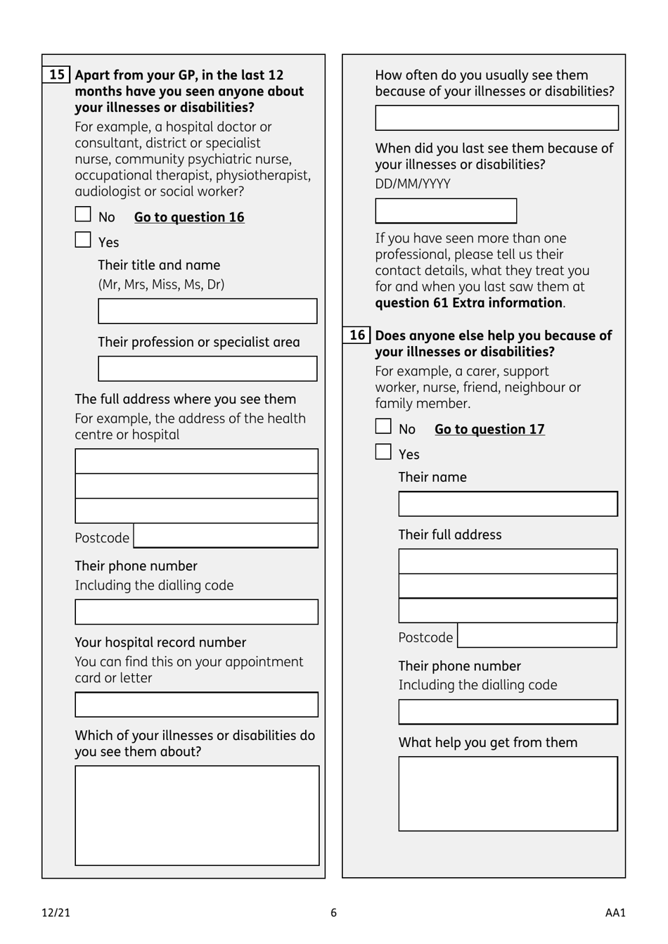 Form AA1 Attendance Allowance for People of State Pension Age or Over - United Kingdom, Page 6