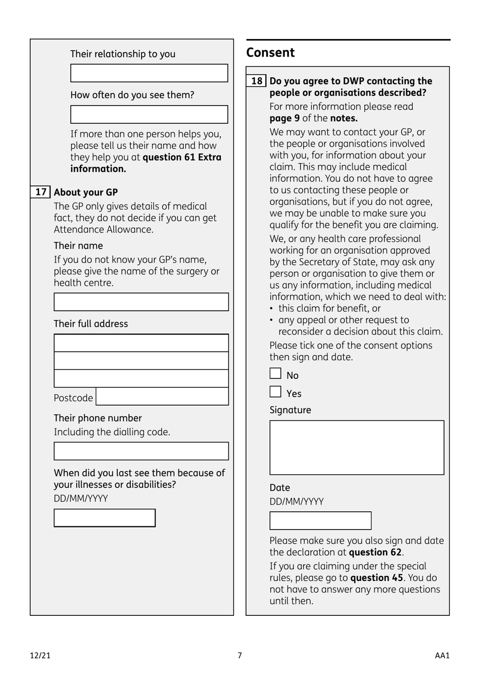 Form AA1 Attendance Allowance for People of State Pension Age or Over - United Kingdom, Page 7