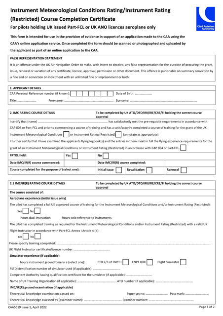 Form CAA5019  Printable Pdf