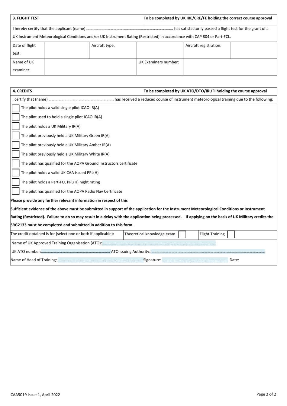 Form CAA5019 Instrument Meteorological Conditions Rating / Instrument Rating (Restricted) Course Completion Certificate - United Kingdom, Page 2