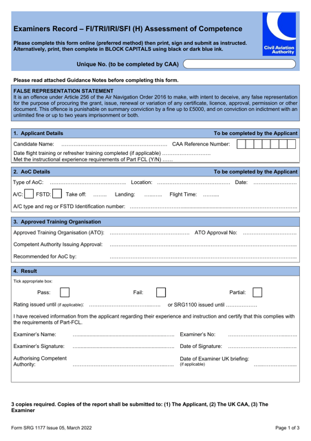 Form SRG1177 Examiners Record - Fi/Tri/Iri/Sfi (H) Assessment of Competence - United Kingdom