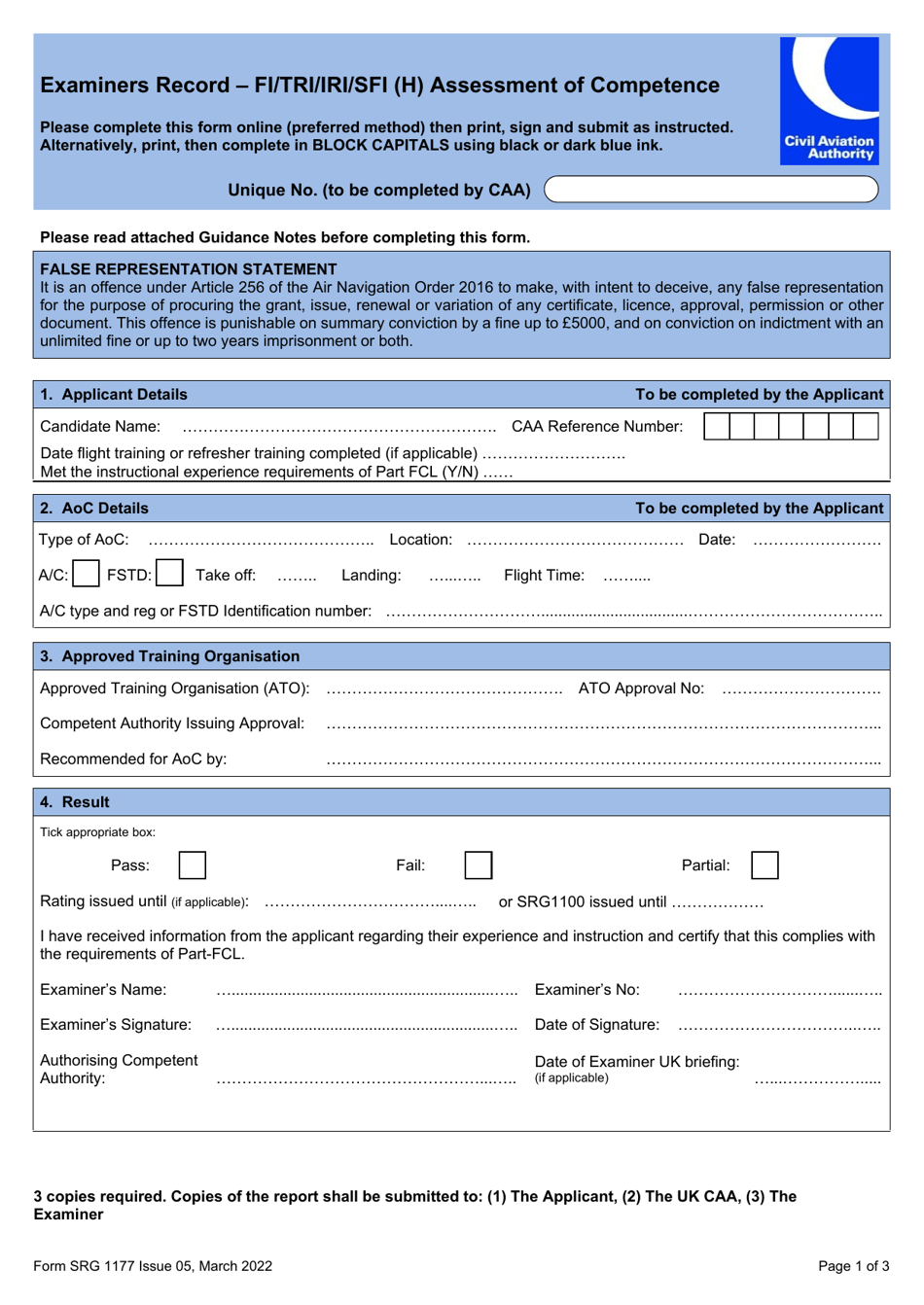 Form SRG1177 Examiners Record - Fi / Tri / Iri / Sfi (H) Assessment of Competence - United Kingdom, Page 1