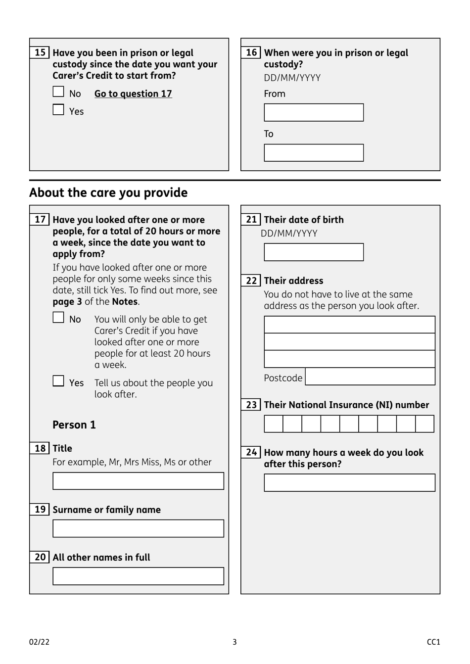 Form CC1 Carers Credit Application Form - United Kingdom, Page 3