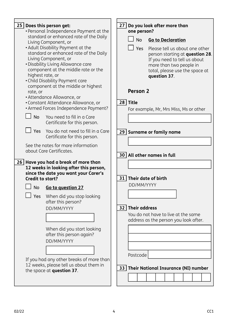 Form CC1 Carers Credit Application Form - United Kingdom, Page 4