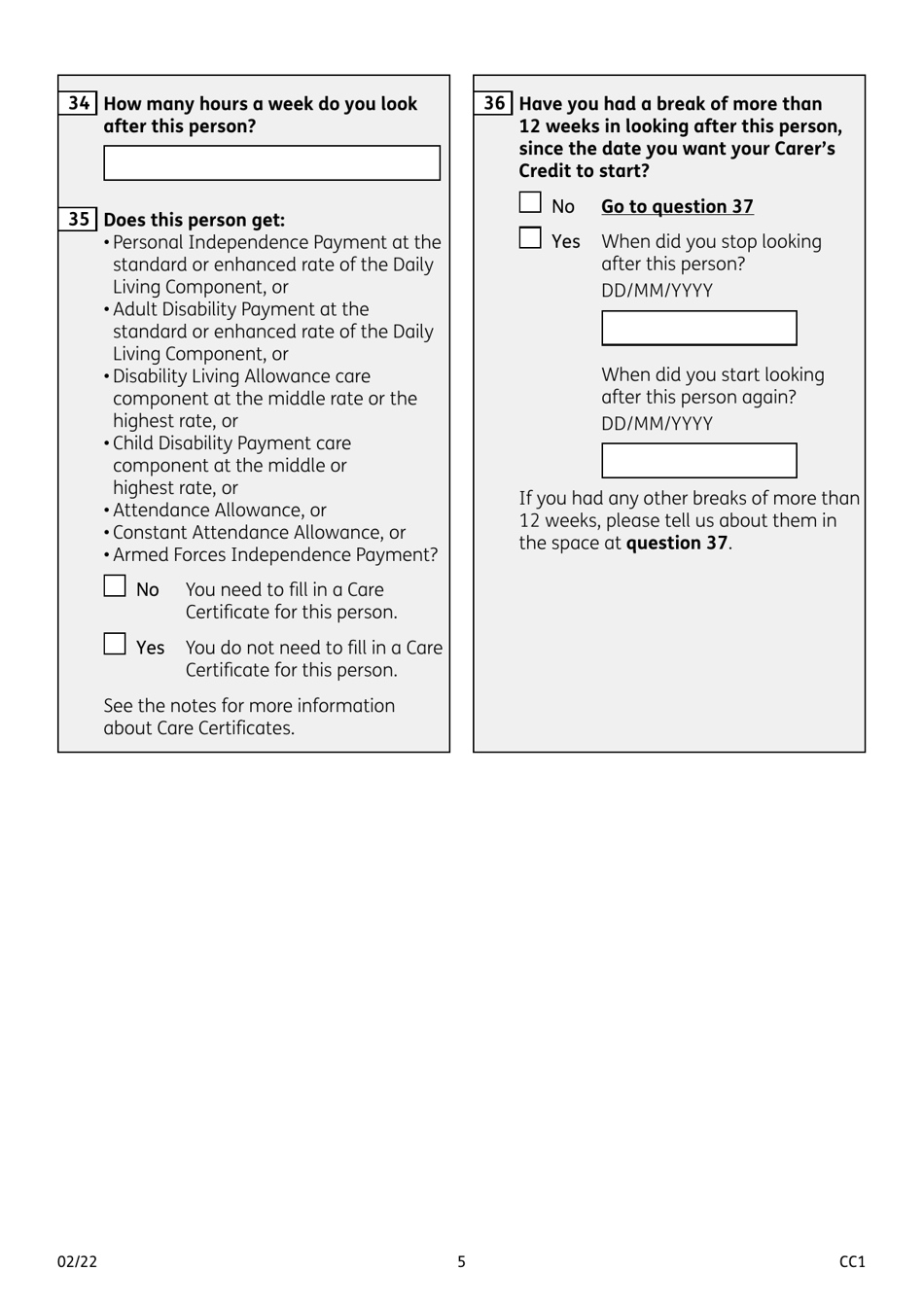 Form CC1 Carers Credit Application Form - United Kingdom, Page 5