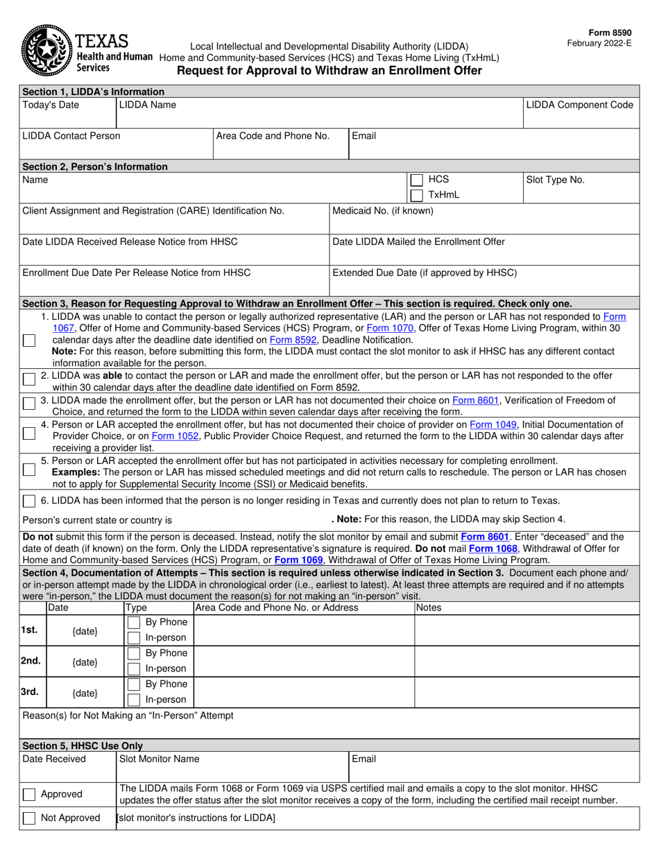 Form 8590 Request for Approval to Withdraw an Enrollment Offer - Texas, Page 1