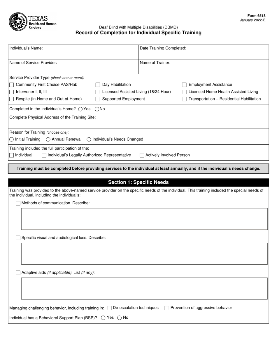 Form 6518 Record of Completion for Individual Specific Training - Texas, Page 1