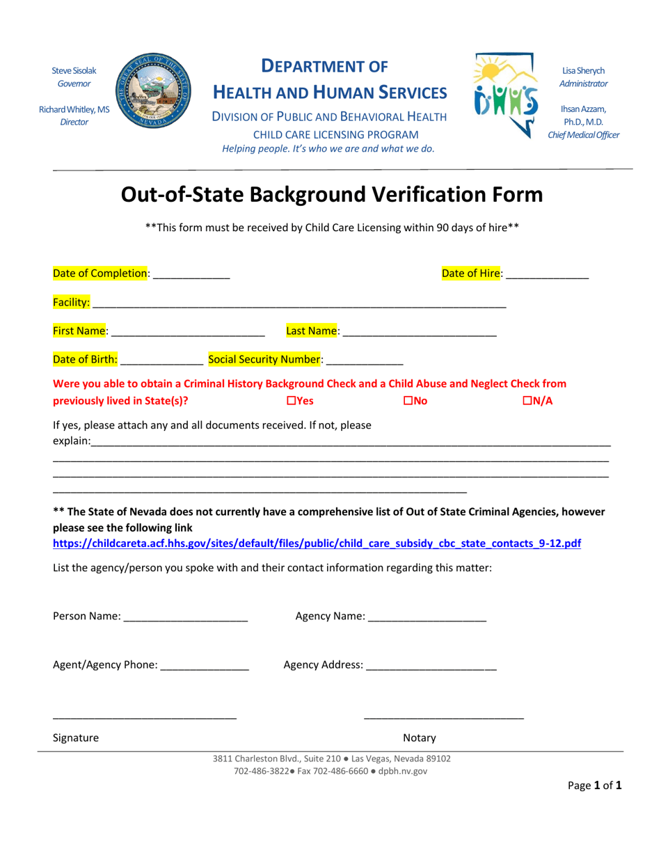 Out-of-State Background Verification Form - Nevada, Page 1
