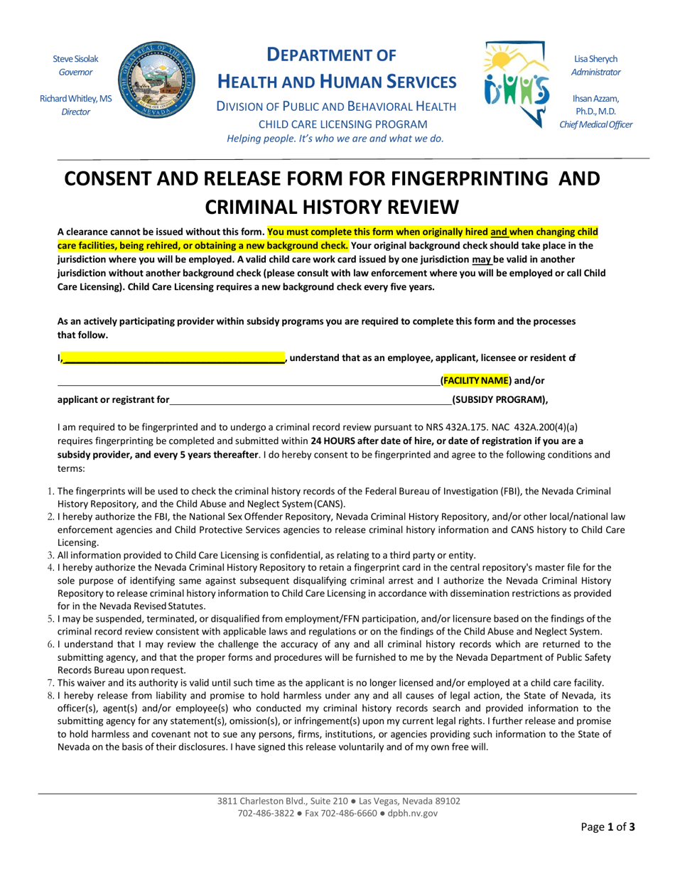 Consent and Release Form for Fingerprinting and Criminal History Review - Nevada, Page 1