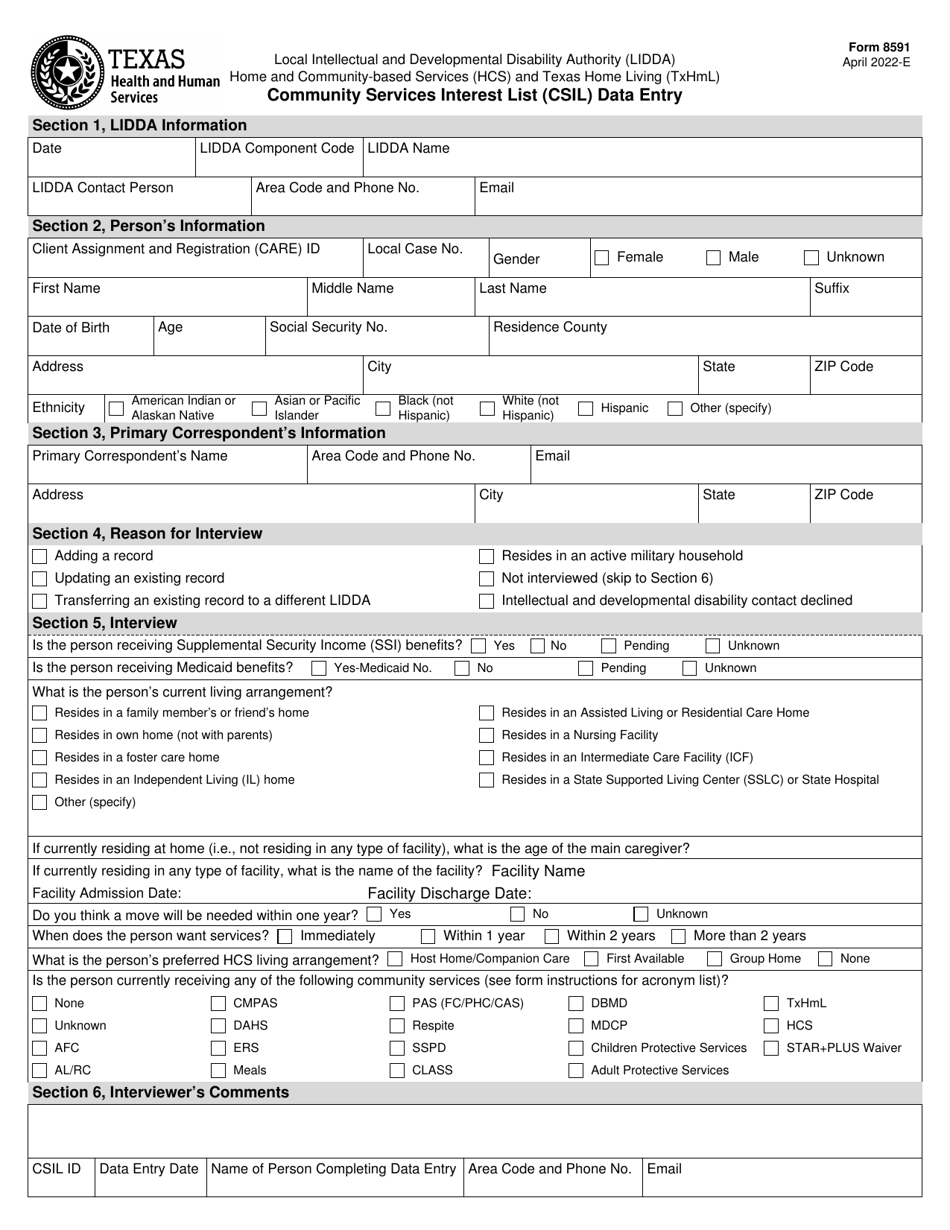 Form 8591 Community Services Interest List (Csil) Data Entry - Texas, Page 1