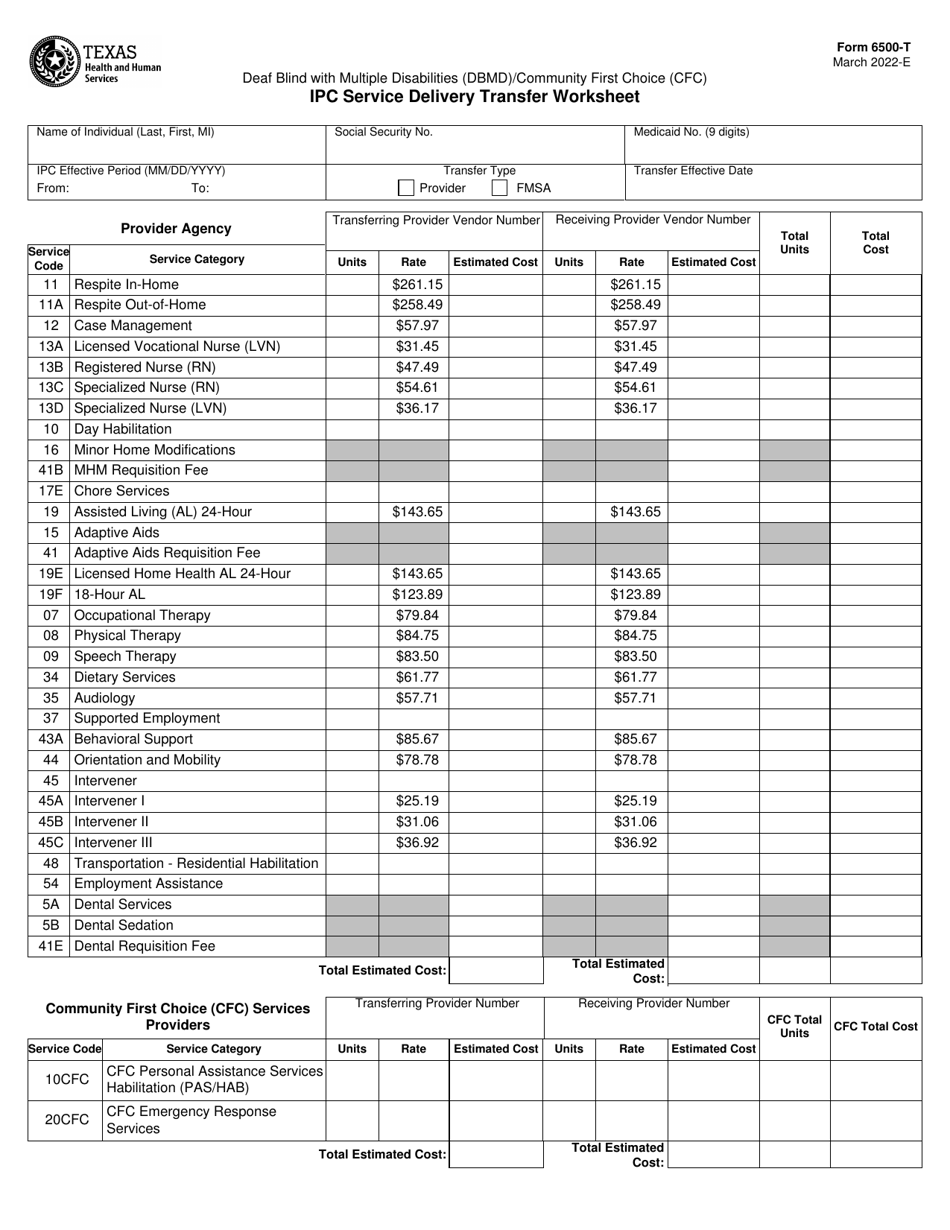 Form 6500-T Ipc Service Delivery Transfer Worksheet - Texas, Page 1