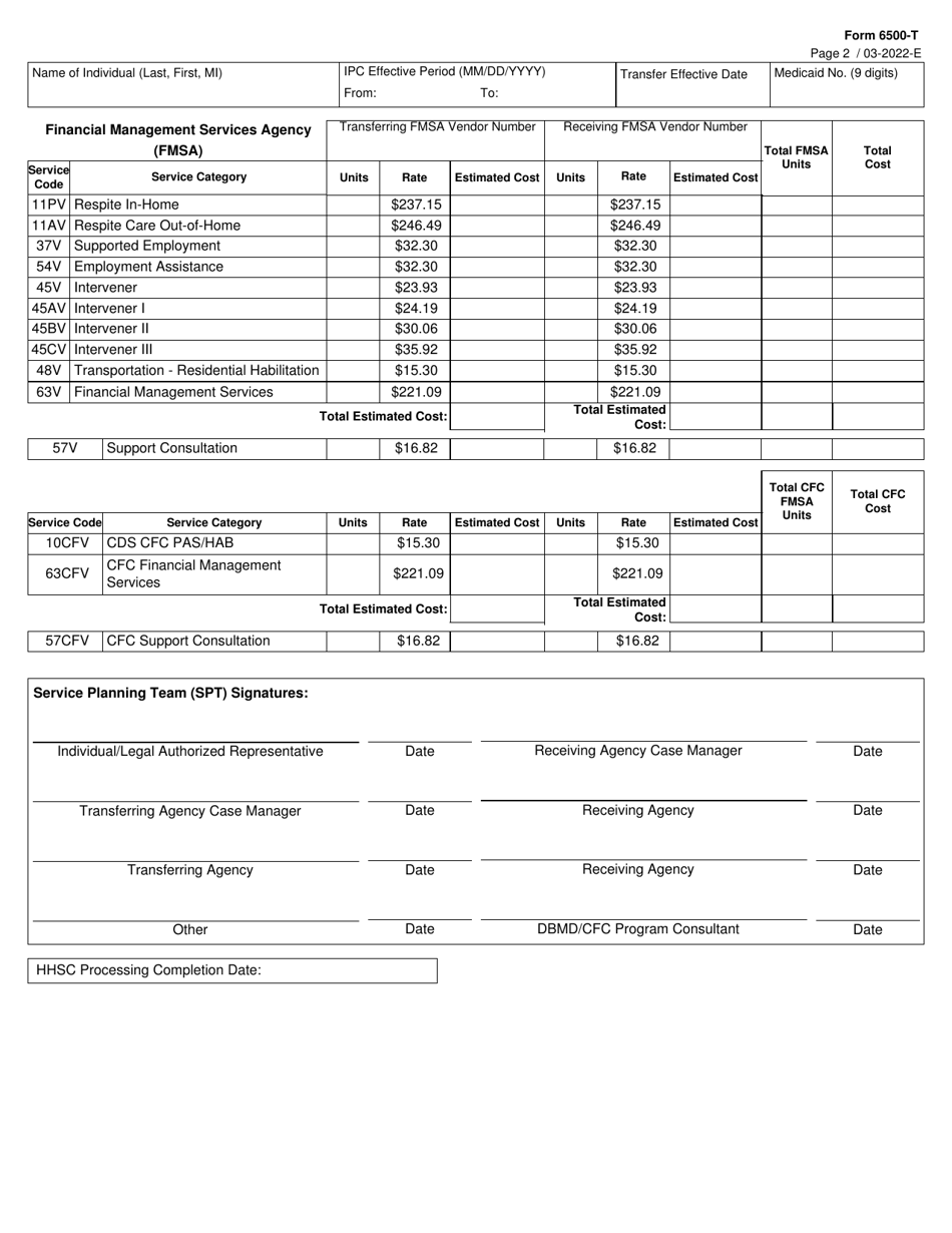Form 6500-T Ipc Service Delivery Transfer Worksheet - Texas, Page 2