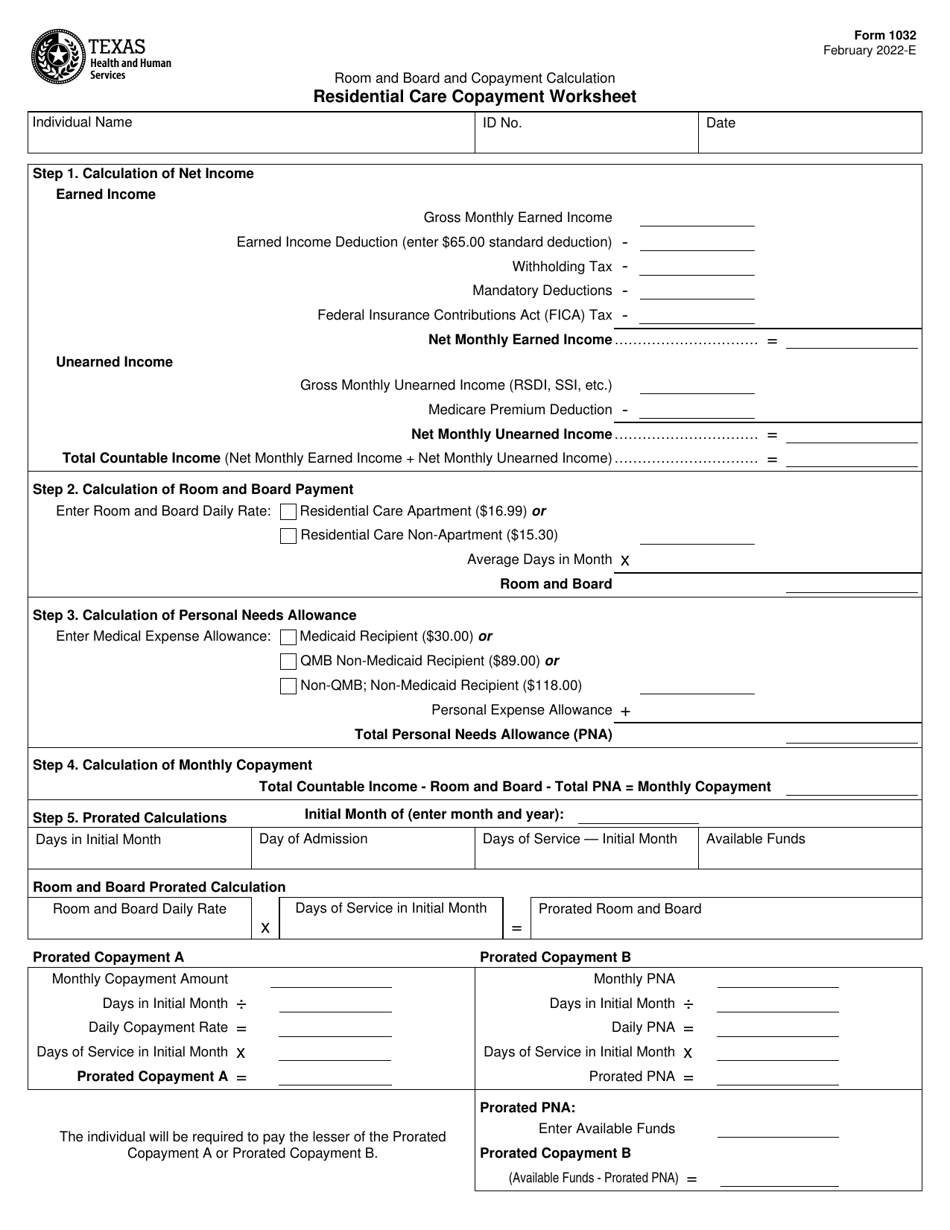 Form 1032 Residential Care Copayment Worksheet - Texas, Page 1