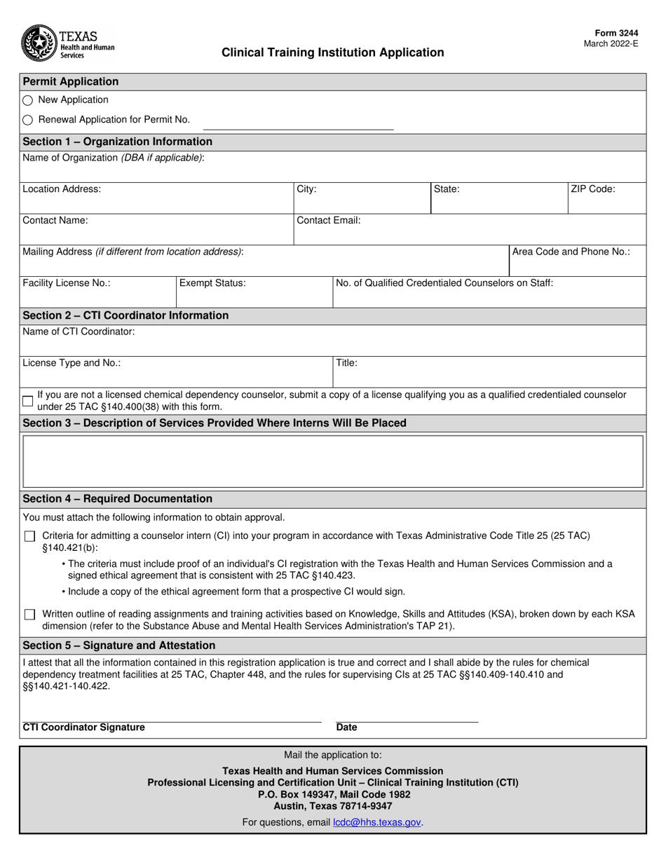 Form 3244 Clinical Training Institution Application - Texas, Page 1