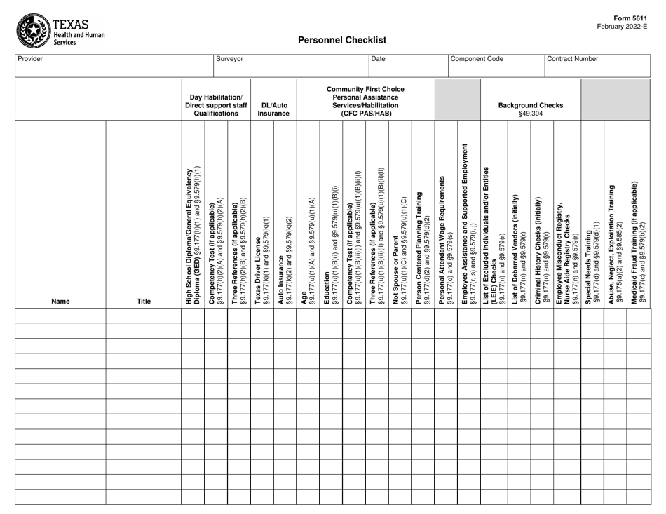 Form 5611 Personnel Checklist - Texas, Page 1