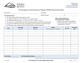 Document preview: Form AGR-2271 Household Intake - the Emergency Food Assistance Program (Tefap) - Washington