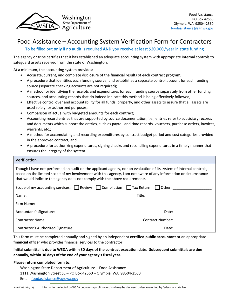 Form AGR-2206 Food Assistance - Accounting System Verification Form for Contractors - Washington, Page 1