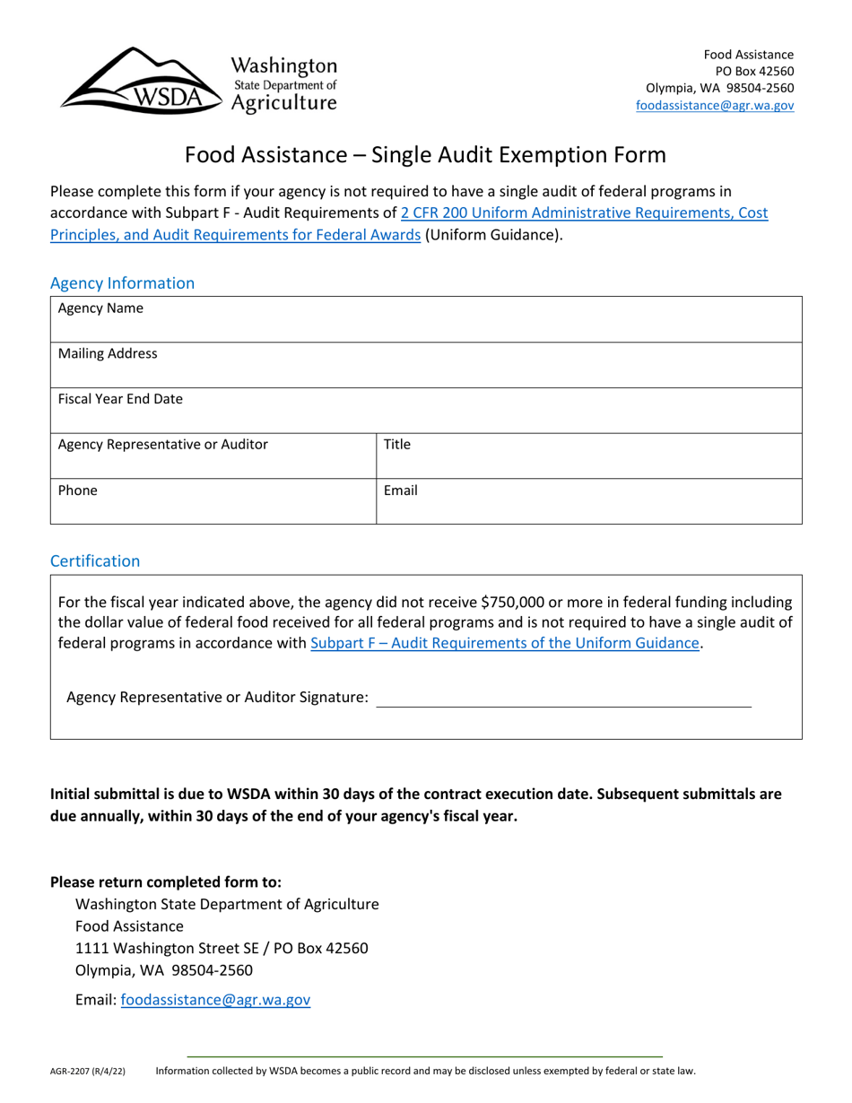 Form AGR-2207 Food Assistance - Single Audit Exemption Form - Washington, Page 1