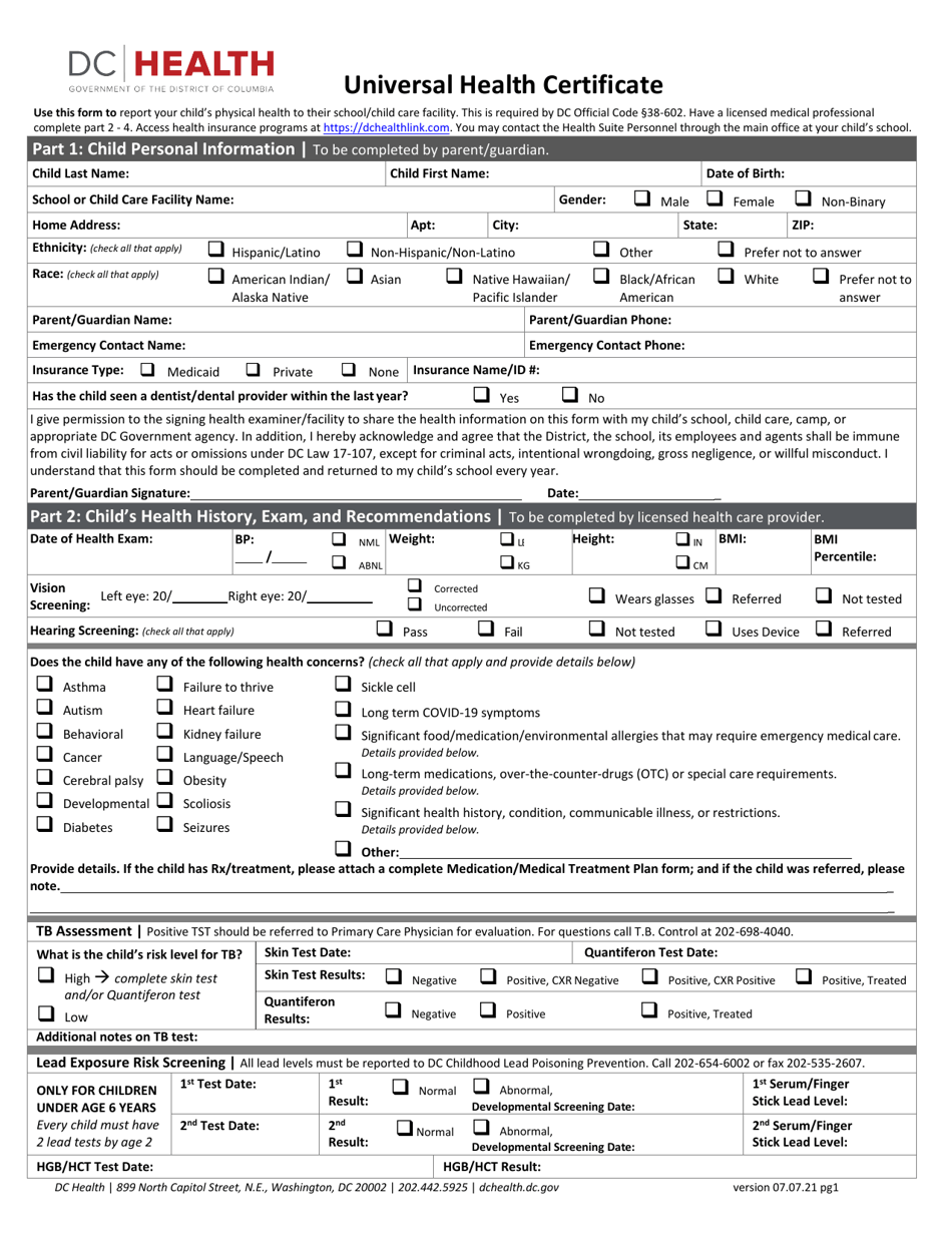 Universal Health Certificate - Washington, D.C., Page 1